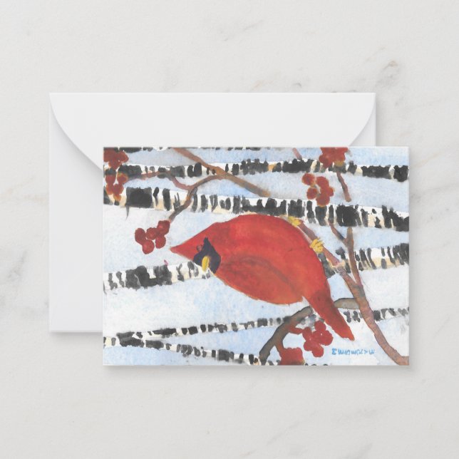 RED CARDINAL IN WHITE BIRCHES WITH BERRIES  NOTE CARD (Front)