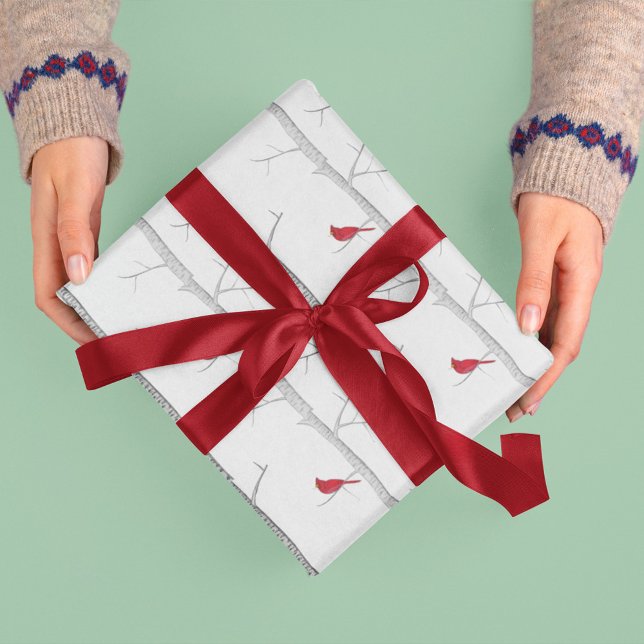 Red Cardinal in Winter Birch Tree Wrapping Paper (Simple red cardinal holiday gift wrap with winter birch tree)