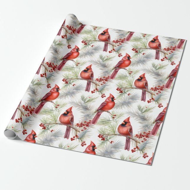 Red Cardinal in Winter, Christmas Wrapping Paper (Unrolled)