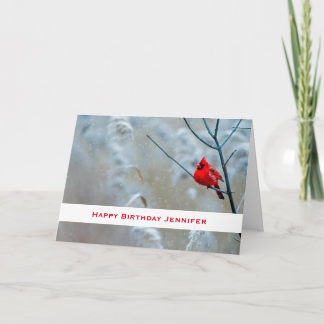 Red Cardinal in Winter Nature Photo Birthday Card (Front)