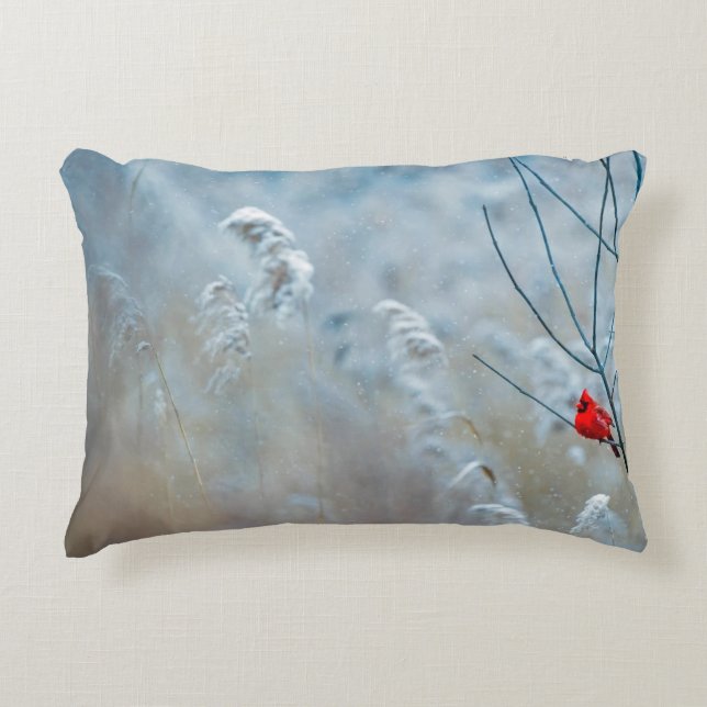 Red Cardinal in Winter Nature Photo Christmas Accent Pillow (Front)