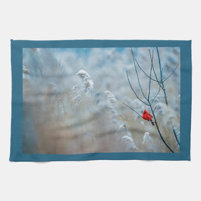 Red Cardinal in Winter Nature Photo Christmas Kitchen Towel (Horizontal)