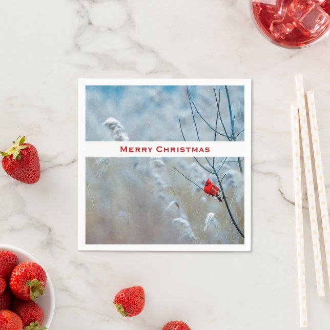 Red Cardinal in Winter Nature Photo Christmas Napkins (Insitu)