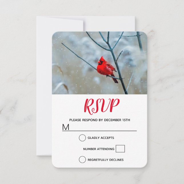 Red Cardinal in Winter Nature Photo Christmas RSVP Card (Front)
