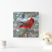 Red Cardinal in Winter Snow Square Wall Clock (Home)