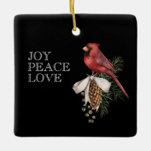 Red Cardinal, JOY PEACE LOVE Editable Christmas   Ceramic Ornament