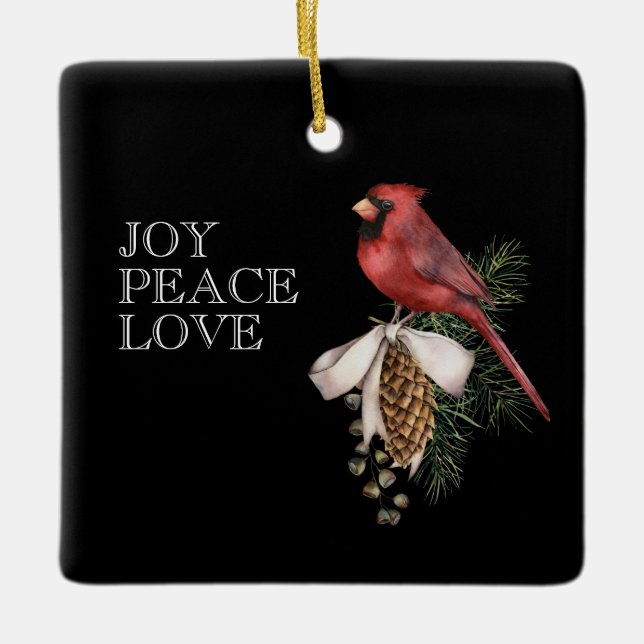 Red Cardinal, JOY PEACE LOVE Editable Christmas   Ceramic Ornament (Front)