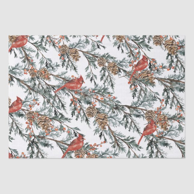 Red Cardinal Juniper Branches Berries Tissue Paper (Front)