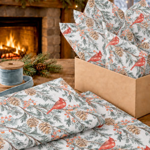 Red Cardinal Juniper Branches Berries Tissue Paper