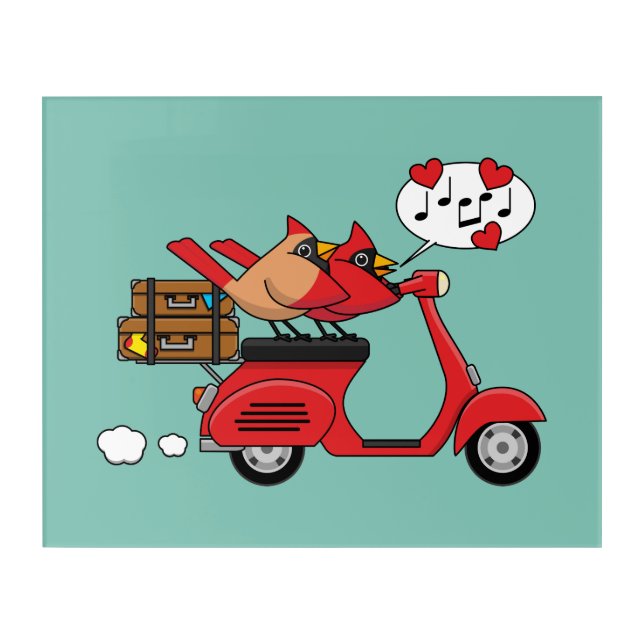 Red Cardinal Lovers on Scooter Acrylic Print (Front)