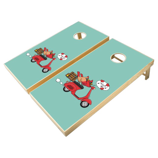 Red Cardinal Lovers on Scooter Cornhole Set (Angled)