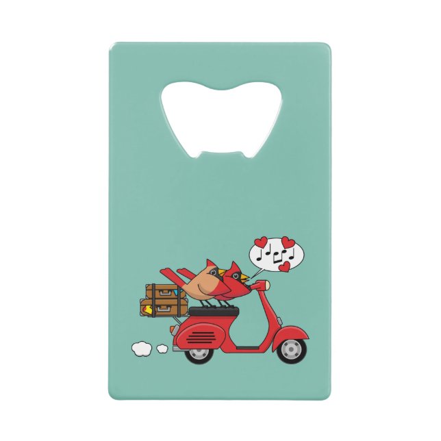 Red Cardinal Lovers on Scooter Credit Card Bottle Opener (Front)