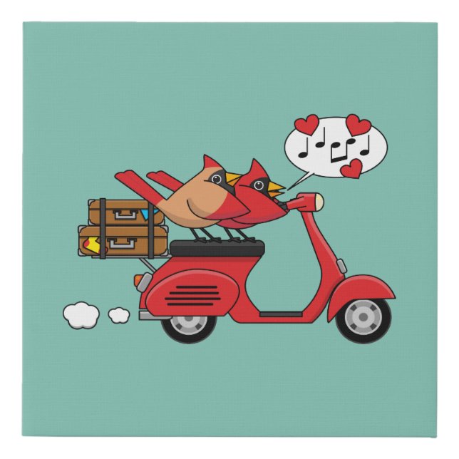 Red Cardinal Lovers on Scooter Faux Canvas Print (Front)