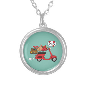 Red Cardinal Lovers on Scooter Silver Plated Necklace