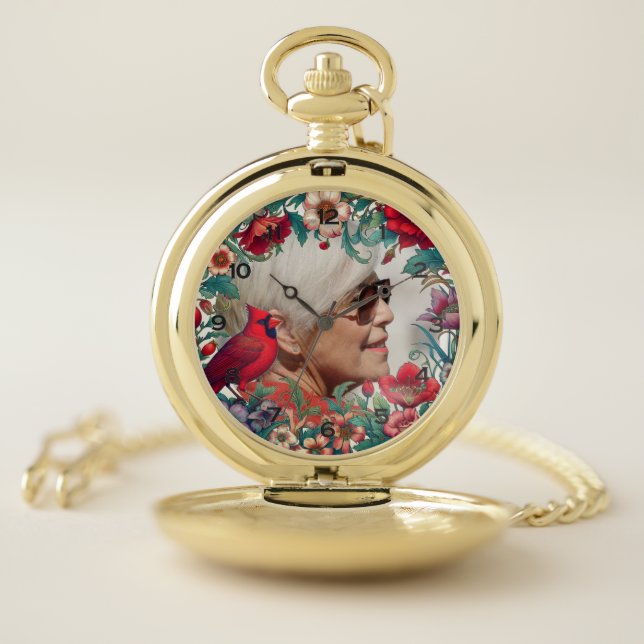 Red Cardinal Memorial Keepsake PHOTO Pocket Watch (Inside)