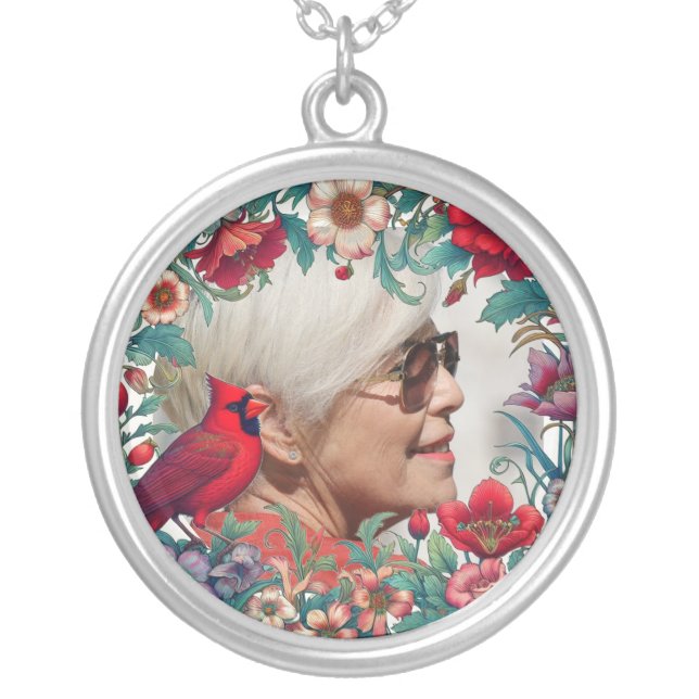 Red Cardinal Memorial Keepsake PHOTO Silver Plated Necklace (Front)