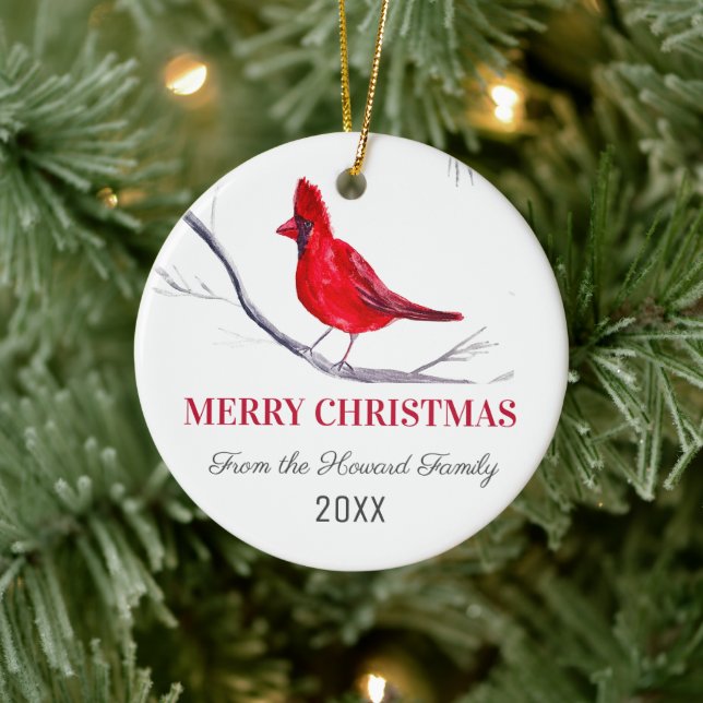 Red Cardinal Merry Christmas Bird Winter Ceramic Ornament (Tree)