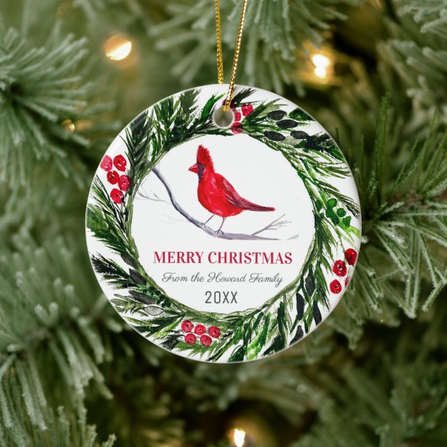 Red Cardinal Merry Christmas Bird Winter Ceramic Ornament (Tree)