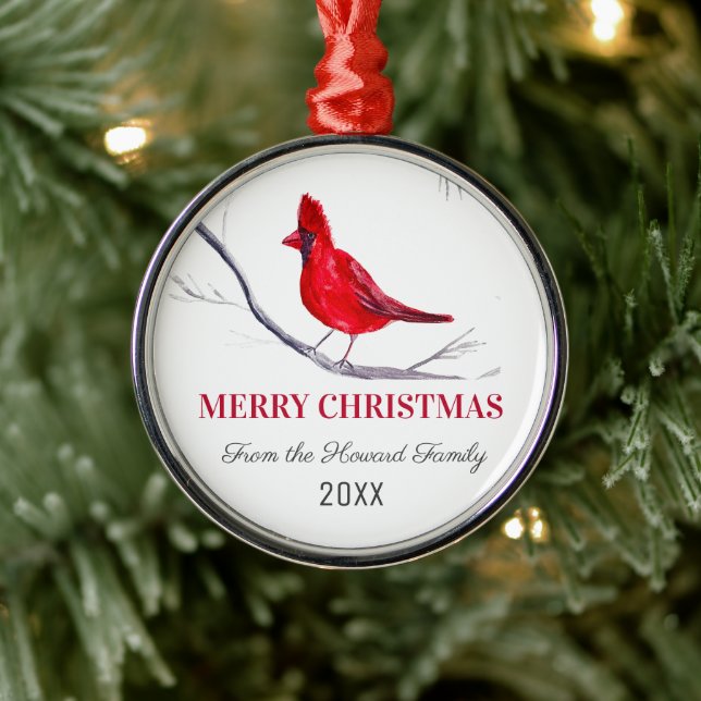 Red Cardinal Merry Christmas Bird Winter Metal Ornament (Tree)