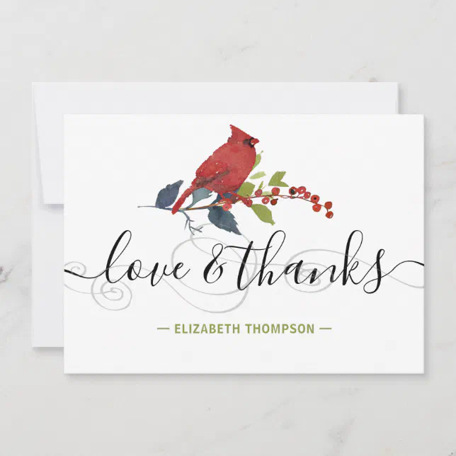 Red Cardinal Modern Script Love and Thanks Holiday Thank You Card | Zazzle