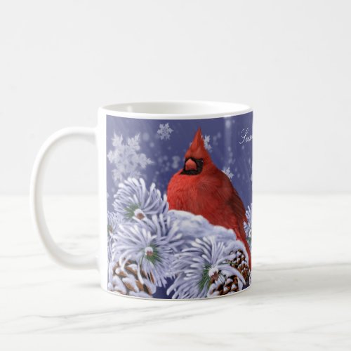 Red cardinal nestled upon snow covered spruce tips coffee mug