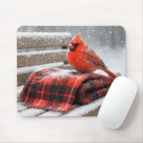 Red Cardinal on a Snowy Plaid Blanket Mouse Pad