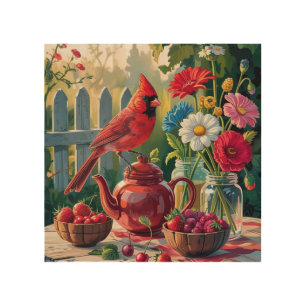 Red Cardinal on a Teapot: Cottagecore Garden Wall Wood Wall Art