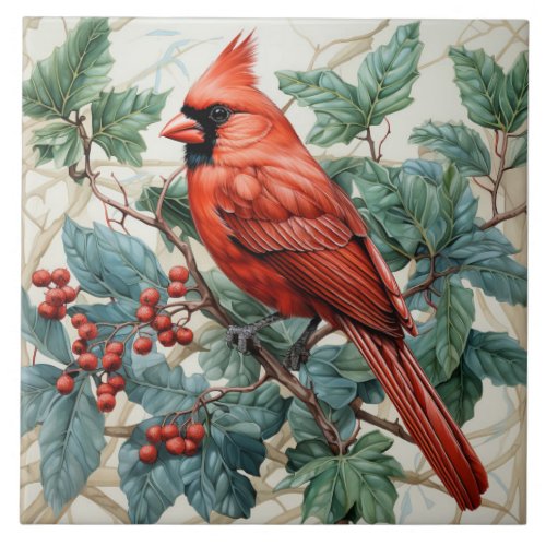 Red Cardinal on Berry Bush Ceramic Tile