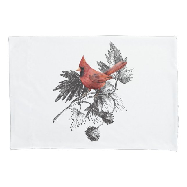 Red Cardinal on Black & White Branch Pillow Case (Front-Left)