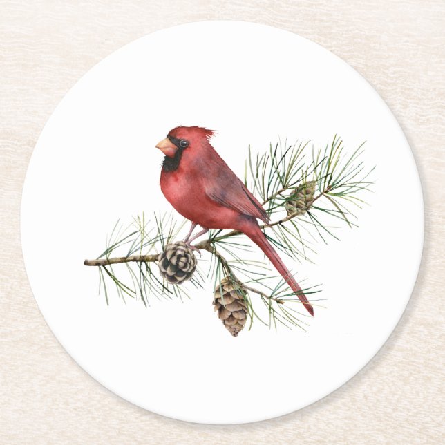 Red Cardinal on Branch Pine Cones Round Paper Coaster (Front)