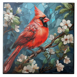 Red Cardinal on Branch, Stained Glass Background Ceramic Tile