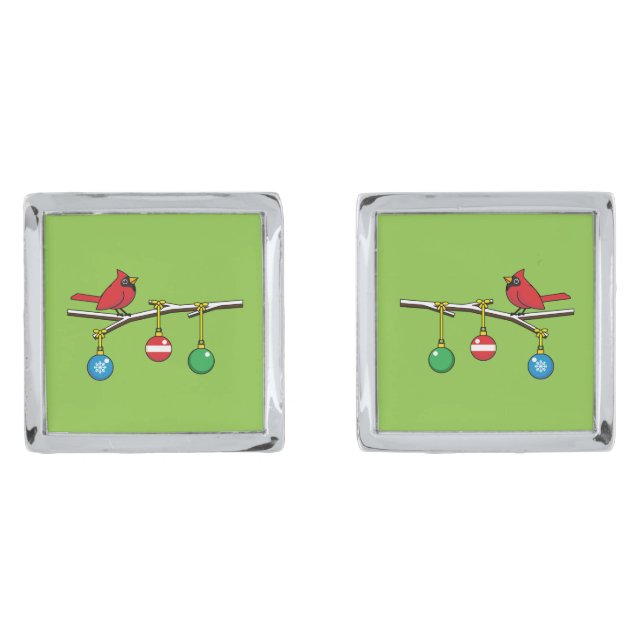 Red Cardinal on Christmas Bare Branch Cufflinks (Front)