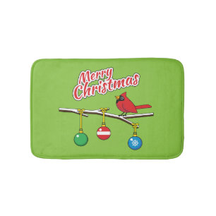 Red Cardinal on Christmas Bare Branch - Merry Xmas Bath Mat
