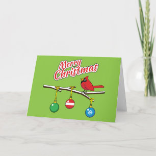 Red Cardinal on Christmas Bare Branch - Merry Xmas Card