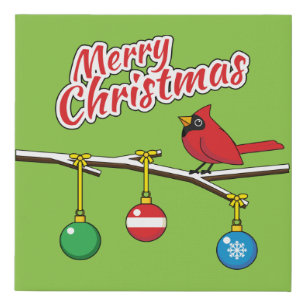 Red Cardinal on Christmas Bare Branch - Merry Xmas Faux Canvas Print