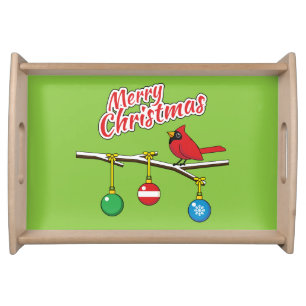 Red Cardinal on Christmas Bare Branch - Merry Xmas Serving Tray