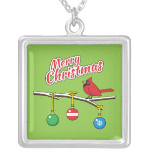 Red Cardinal on Christmas Bare Branch - Merry Xmas Silver Plated Necklace