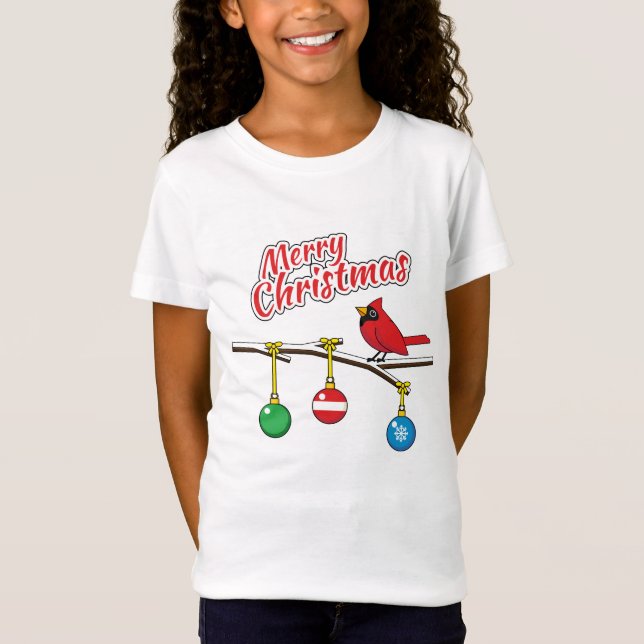 Red Cardinal on Christmas Bare Branch - Merry Xmas T-Shirt (Front)