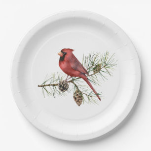 Red Cardinal on Pine Branch Paper Plates