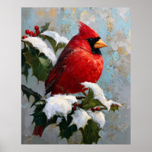 Red Cardinal on Snowy Holly Poster