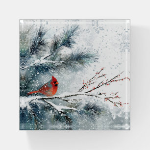 Red Cardinal on Snowy Pine Branch Paperweight
