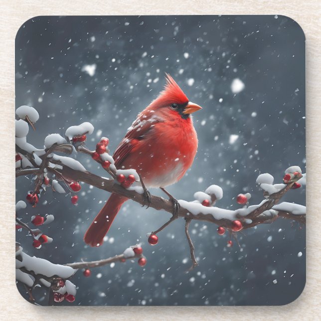 Red Cardinal on Tree Branch in Snow Beverage Coaster (Front)