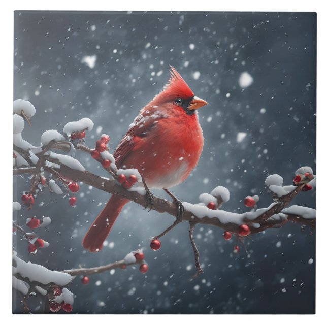 Red Cardinal on Tree Branch in Snow Ceramic Tile (Front)