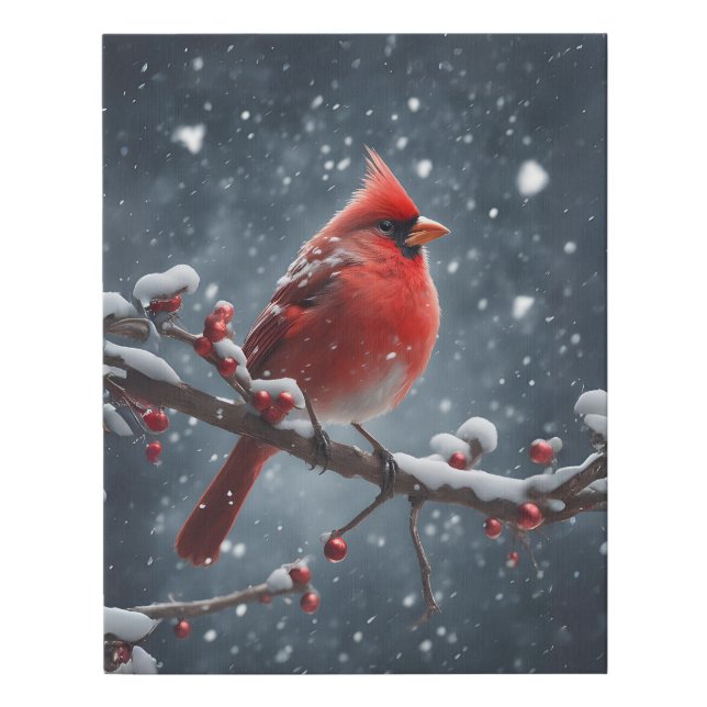 Red Cardinal on Tree Branch in Snow Faux Canvas Print (Front)