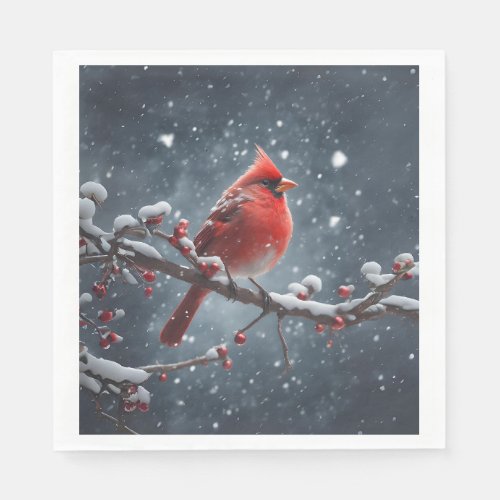 Red Cardinal on Tree Branch in Snow Napkins