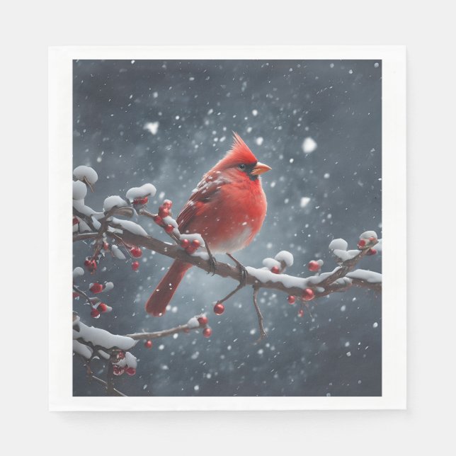 Red Cardinal on Tree Branch in Snow Napkins (Front)
