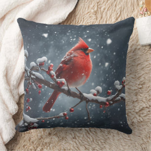 Red Cardinal on Tree Branch in Snow Throw Pillow