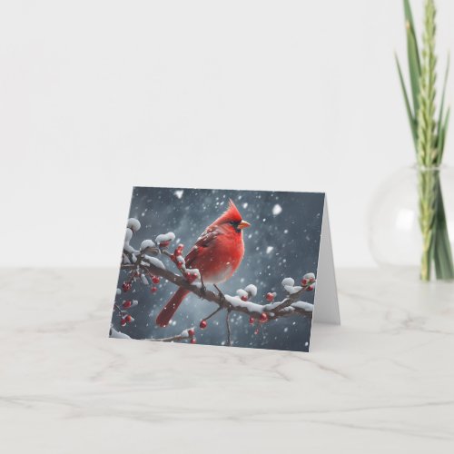 Red Cardinal on Tree Branch Snow Blank Christmas Card