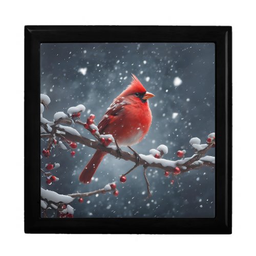 Red Cardinal on Tree Branch Snow Wooden Jewelry  Gift Box