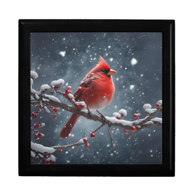Red Cardinal on Tree Branch Snow Wooden Jewelry  Gift Box (Front)